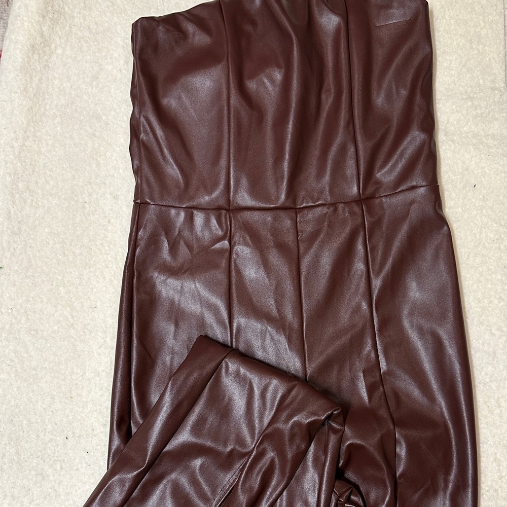 PrettyLittleThing Brown Faux Leather Bandeau Jumpsuit